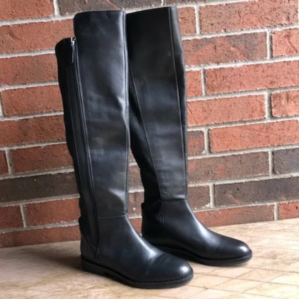 COLE HAAN Chase Black Leather Suede combo Over the Knee Boots 7 MSRP $300 NWOB